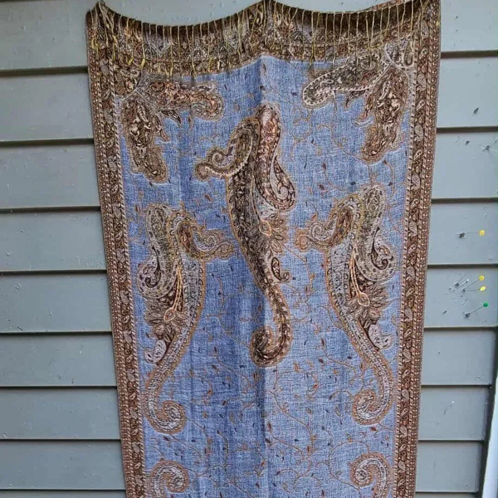 Denim Blue Brown Gold Pashmina & Skilk Pashmina